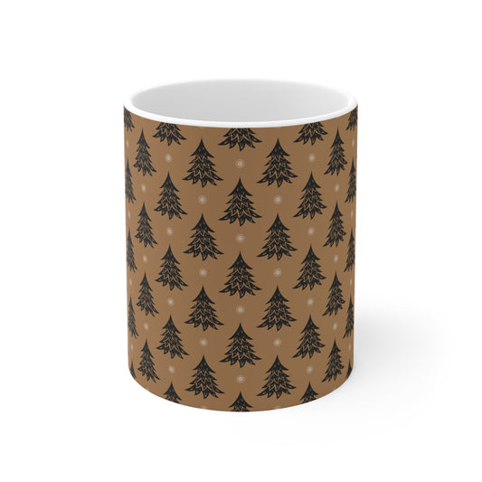 Christmas Tree Pattern Ceramic Mug — Rustic Brown Holiday Coffee Cup (11oz)