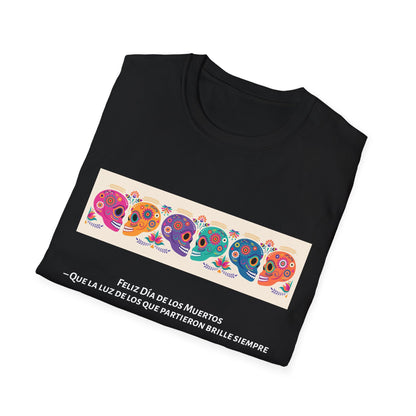 Colorful Day of the Dead T-Shirt | Unisex Softstyle Tee, Festive Skull Design, Halloween, Mexican Culture, Gift for Him/Her