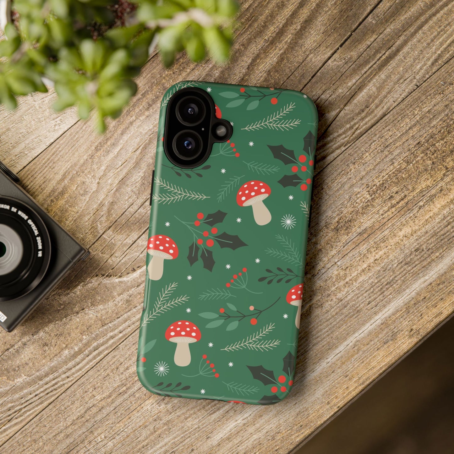 Festive Mushroom Phone Case, Colorful Holiday Case, Christmas Gift, Winter Vibes, Eco-Friendly Phone Cover