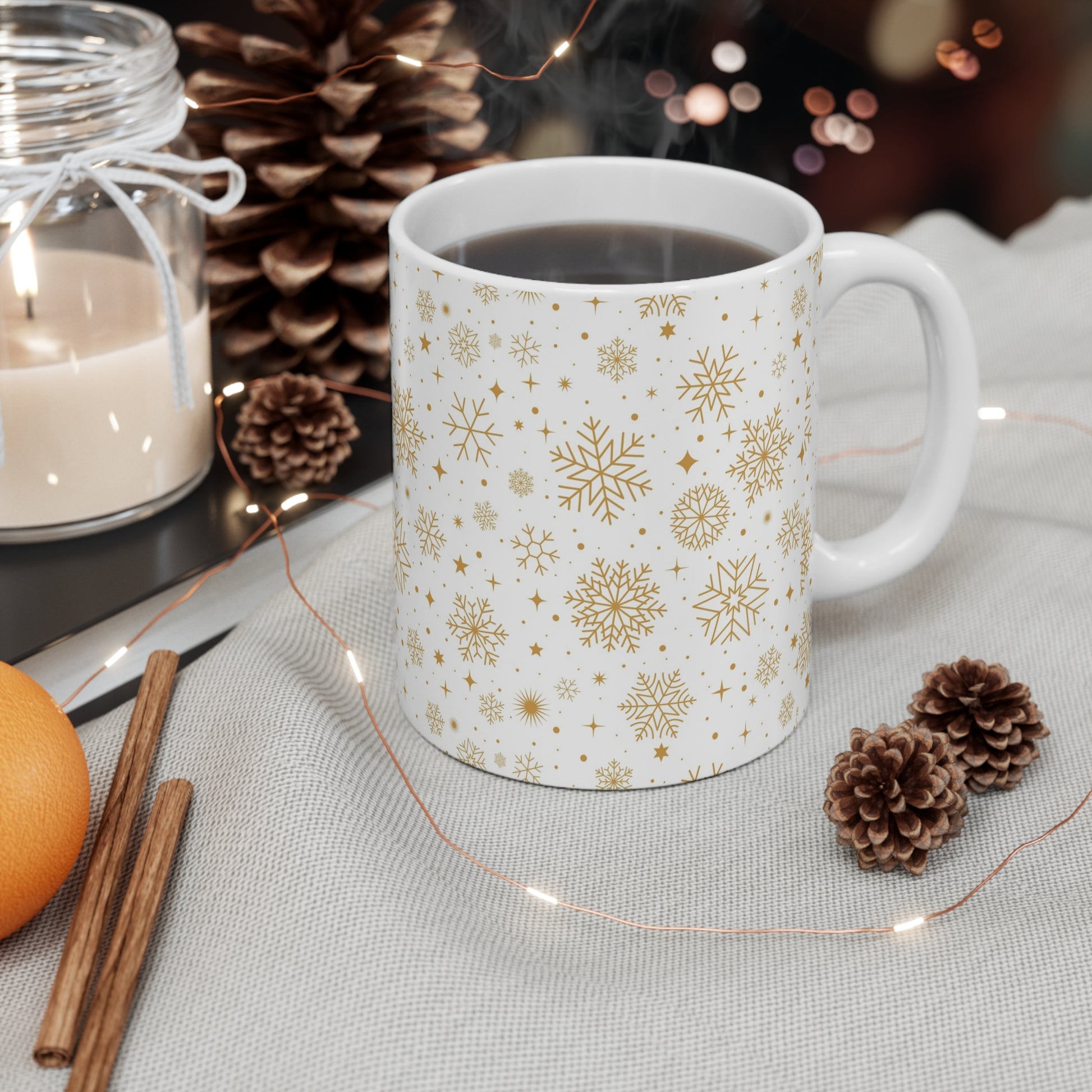 Elegant Gold Snowflake Mug | Winter Coffee Cup, Holiday Gift, Cozy Home Decor, Seasonal Drinkware, Christmas Celebration - MaisonThreadory