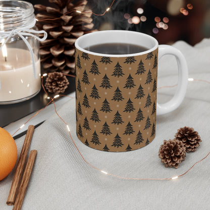 Christmas Tree Pattern Ceramic Mug — Rustic Brown Holiday Coffee Cup (11oz)