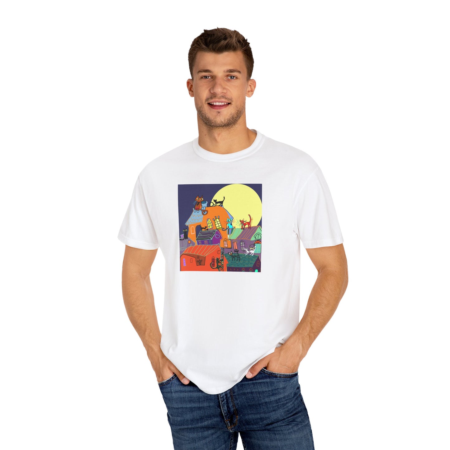 Moonlit Canine Adventure T-Shirt, Unisex Dog Lover Tee, Garment-Dyed Graphic Top, Pet-Themed Gift, Casual Wear