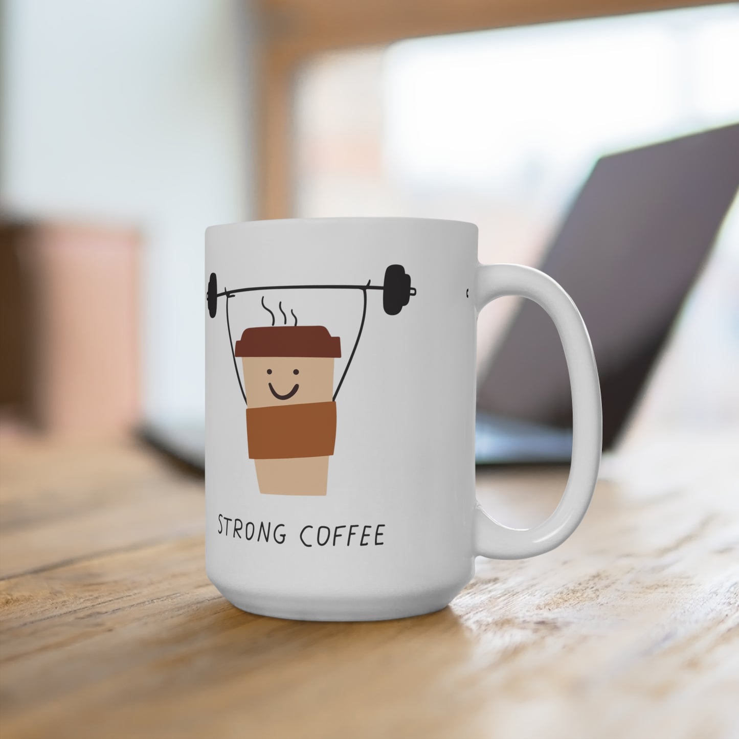 Strong Coffee Mug 15oz – Cute Coffee Cup Lifting Weights, Funny Morning Gift