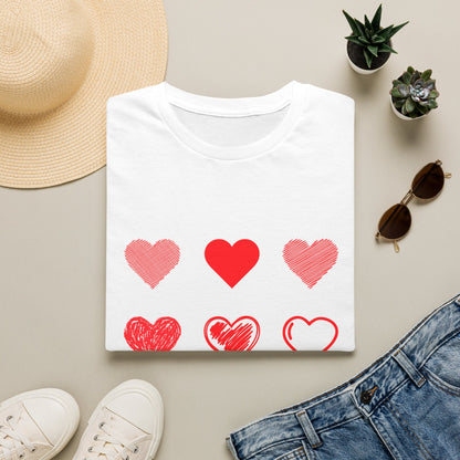 Heart Icons T-Shirt — Red Sketch & Filled Heart Graphic Tee for Valentine’s Day