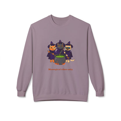 Whimsical Halloween Cat Crewneck Sweatshirt, Cozy Fall Fashion, Pumpkin Spice Sweater, Cute Cat Lovers Gift, Spooky Season Apparel - MaisonThreadory