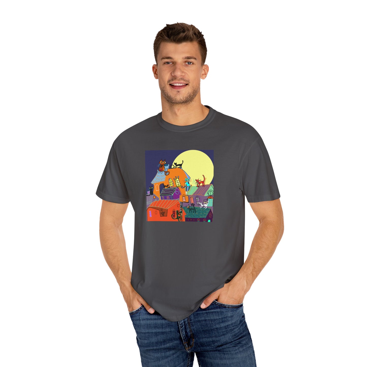Moonlit Canine Adventure T-Shirt, Unisex Dog Lover Tee, Garment-Dyed Graphic Top, Pet-Themed Gift, Casual Wear