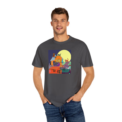 Moonlit Canine Adventure T-Shirt, Unisex Dog Lover Tee, Garment-Dyed Graphic Top, Pet-Themed Gift, Casual Wear