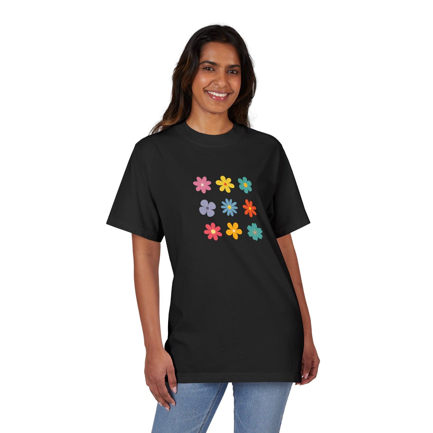 Floral Grid Tee — Colorful Retro Flowers Graphic T-Shirt