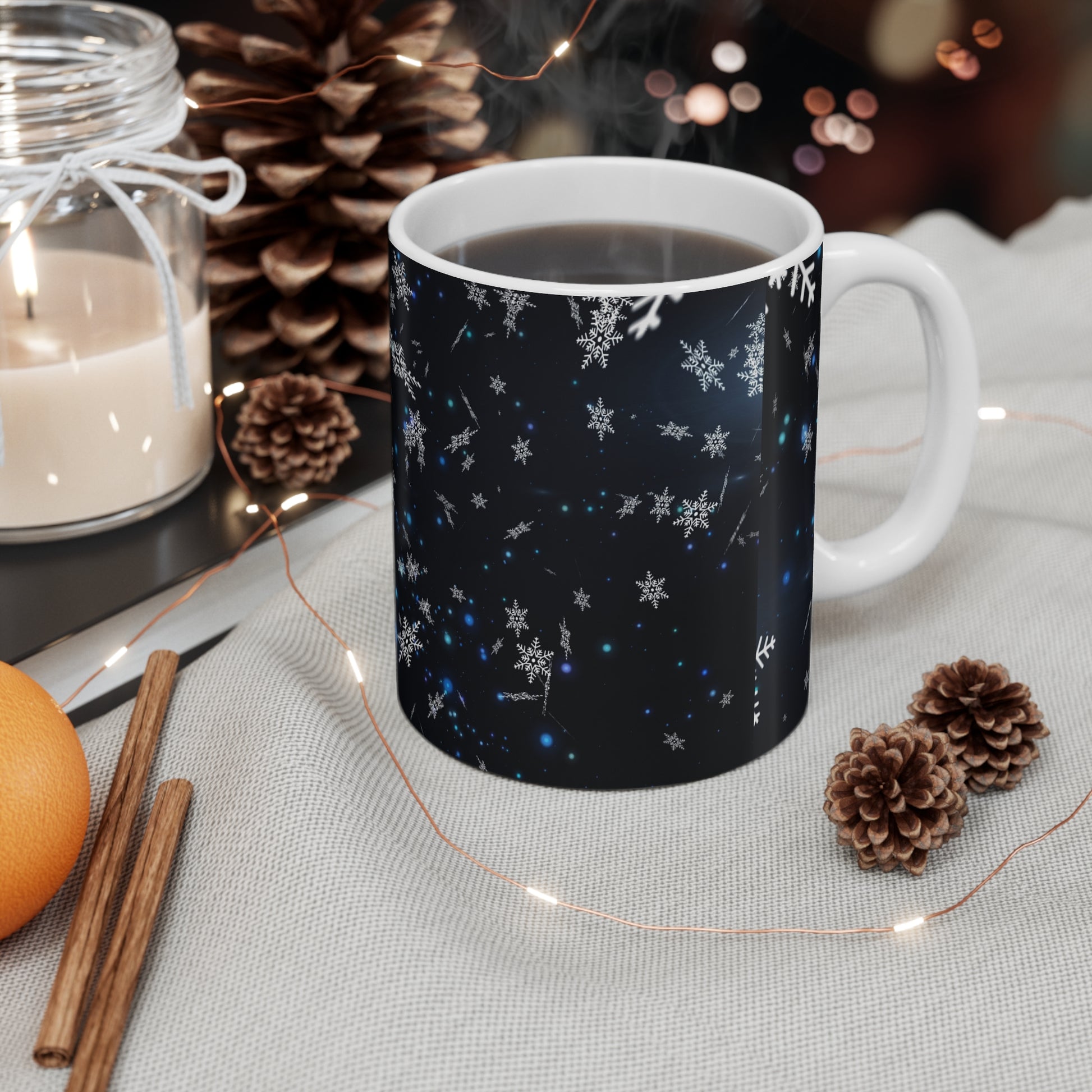 Elegant Snowflake Mug with a Starry Background, Perfect Holiday Gift, Winter Decor, Coffee Lover's Choice, Unique Present - MaisonThreadory