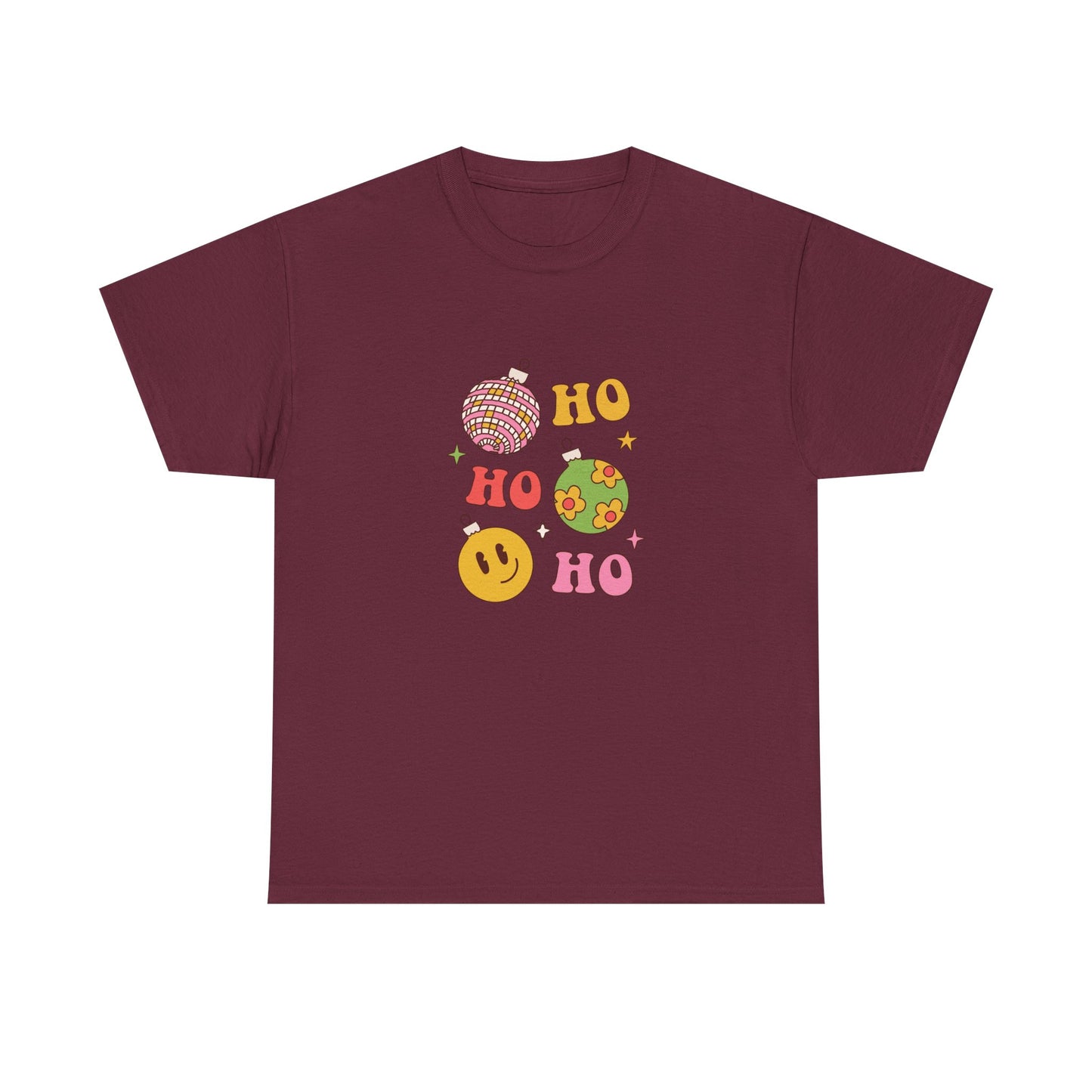 Holiday Ho Ho Ho Graphic Tee — Retro Ornaments & Smiley Face Christmas Shirt