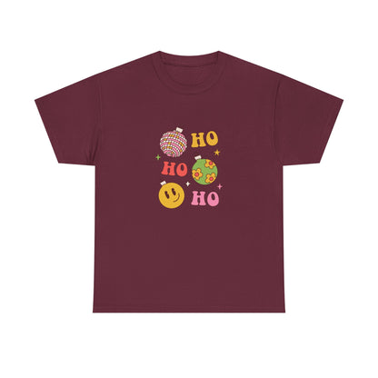 Holiday Ho Ho Ho Graphic Tee — Retro Ornaments & Smiley Face Christmas Shirt