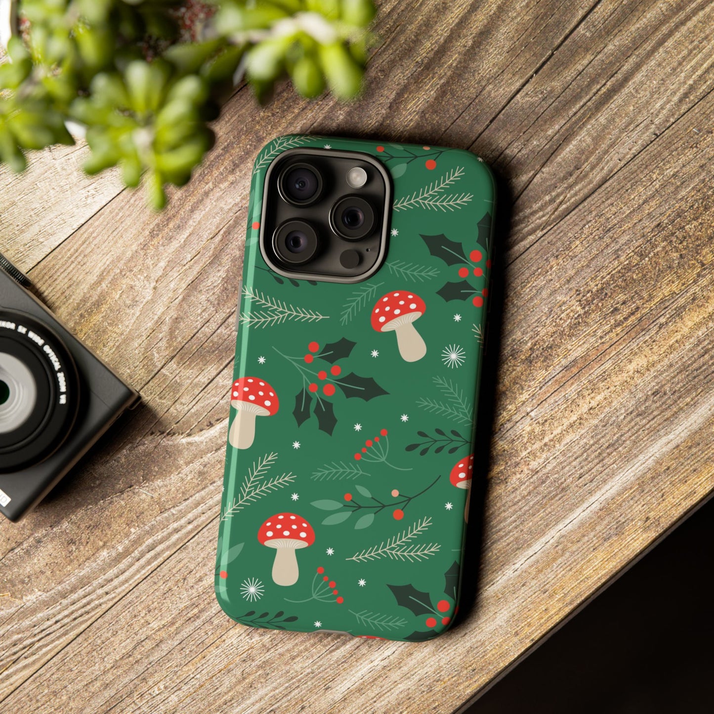 Festive Mushroom Phone Case, Colorful Holiday Case, Christmas Gift, Winter Vibes, Eco-Friendly Phone Cover