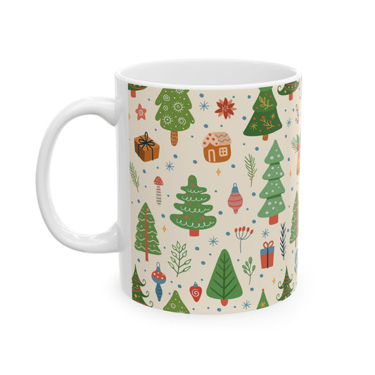 Christmas Trees & Ornaments Ceramic Mug — Festive Holiday Pattern (11oz/15oz)