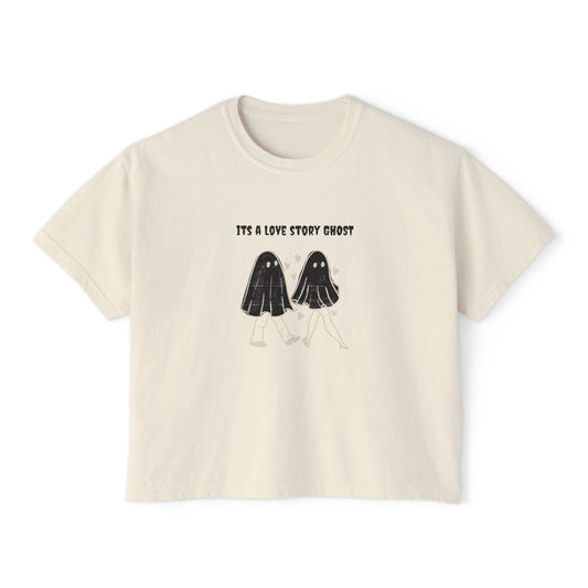 Cute Love Story Ghost Women's Boxy Tee, Fun Casual Top, Halloween Apparel, Gift for Ghost Lovers, Spooky Season Shirt, Relaxed Fit Tee - MaisonThreadory