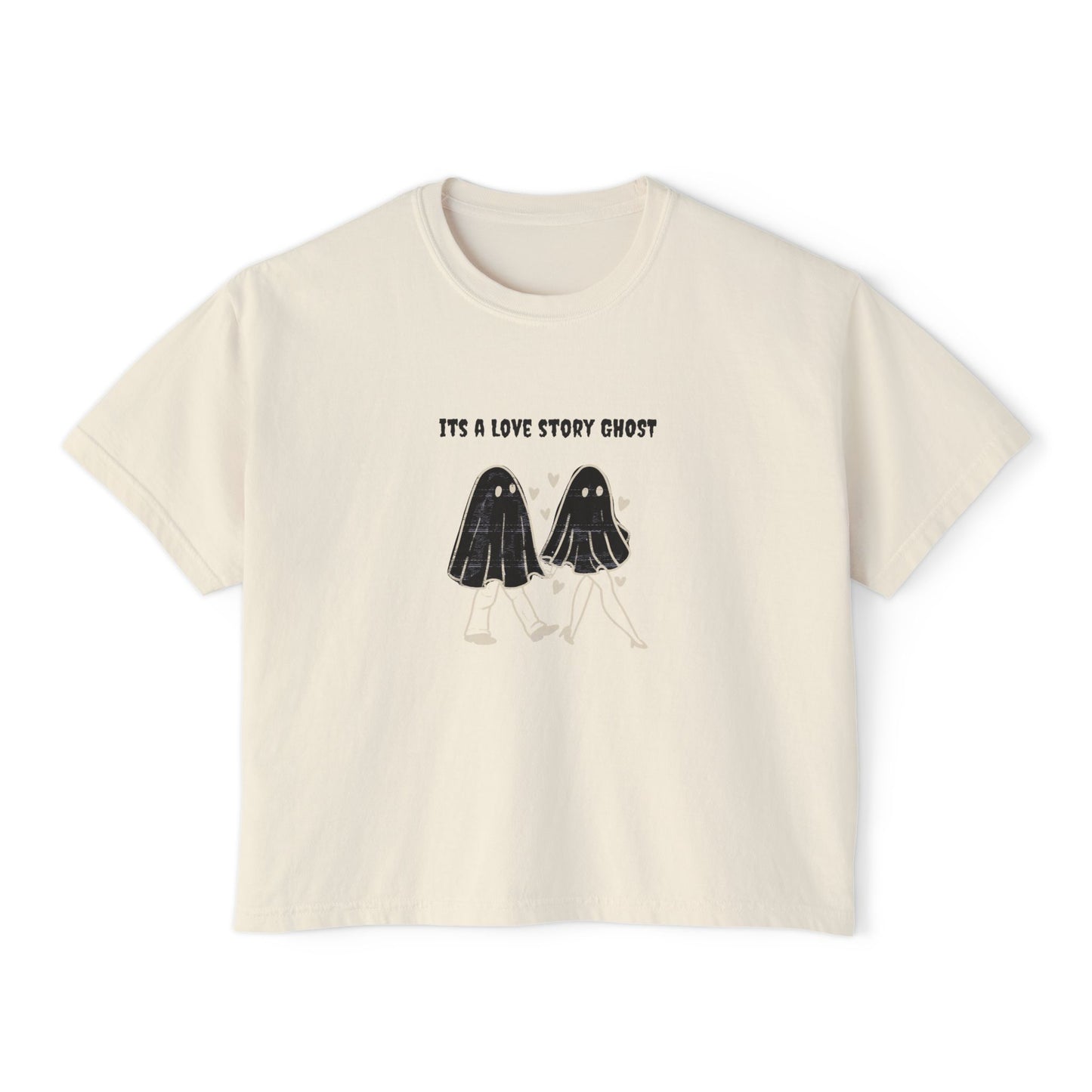 Cute Love Story Ghost Women's Boxy Tee, Fun Casual Top, Halloween Apparel, Gift for Ghost Lovers, Spooky Season Shirt, Relaxed Fit Tee - MaisonThreadory