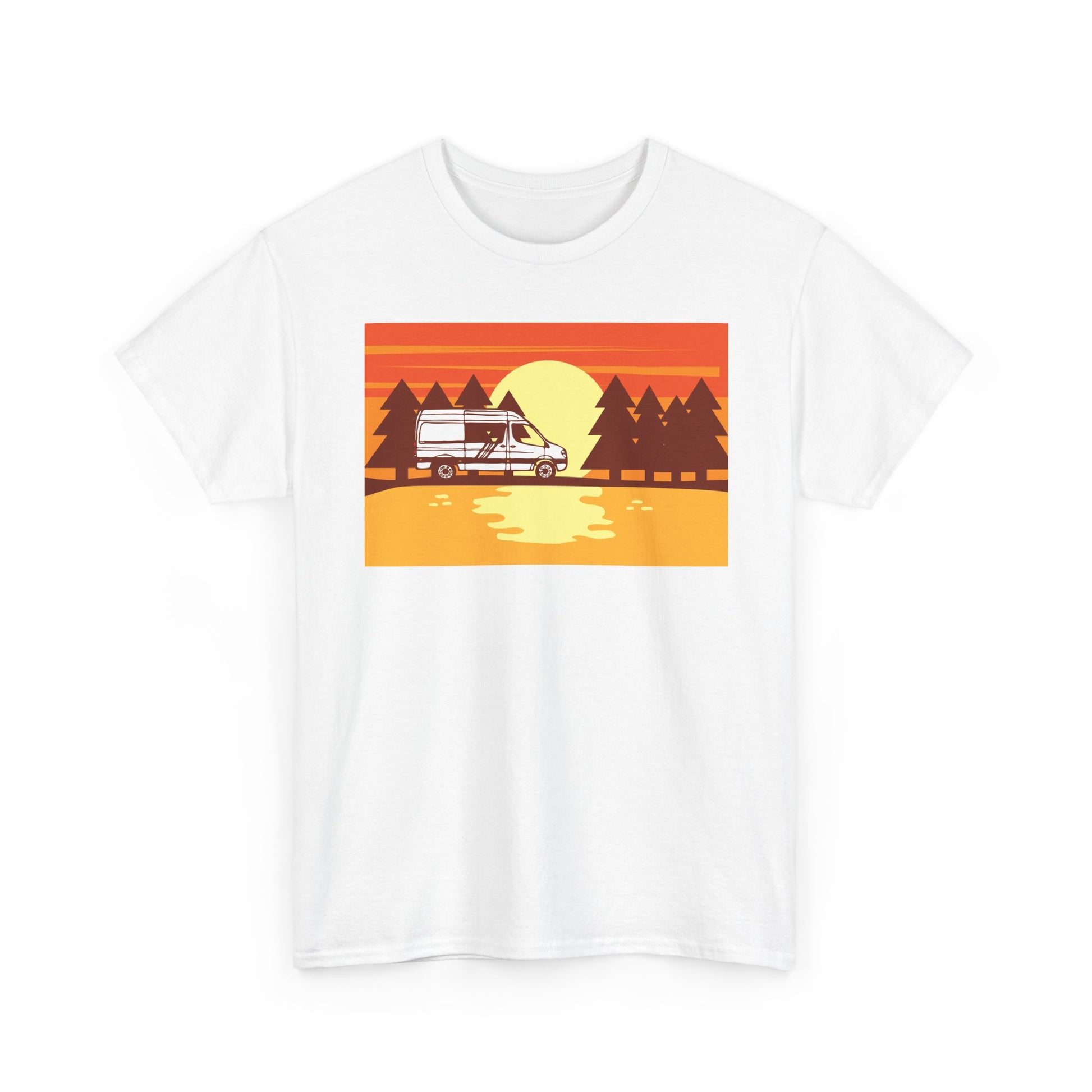 Retro Sunset Camper Unisex Heavy Cotton Tee, Vintage T-Shirt, Camping Apparel, Summer Shirt, Gift for Travel Lovers - MaisonThreadory