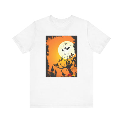 Halloween-Themed Unisex Tee, Spooky T-Shirt, Graphic Halloween Shirt, Fall Apparel, October Celebrations, Pumpkin and Bat Design