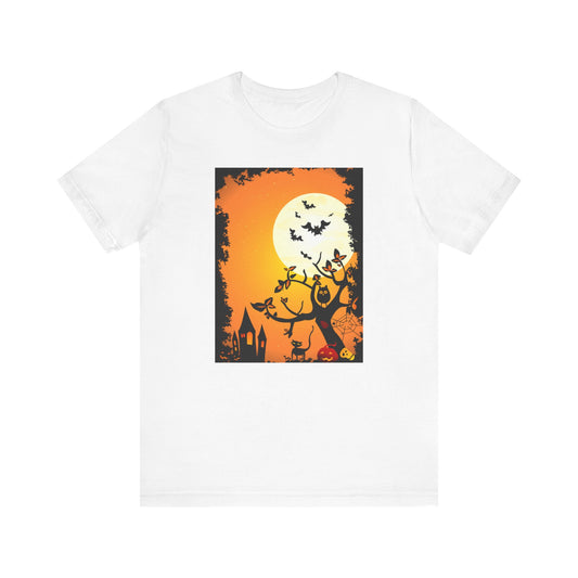 Halloween-Themed Unisex Tee, Spooky T-Shirt, Graphic Halloween Shirt, Fall Apparel, October Celebrations, Pumpkin and Bat Design