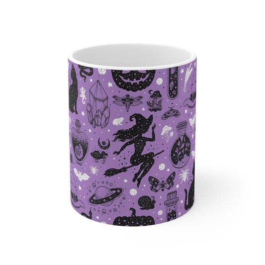 Magical Witchy Mug, 11oz Coffee Cup for Halloween, Witchcraft Gift, Cozy Drinkware, Crystal and Cat Design - MaisonThreadory