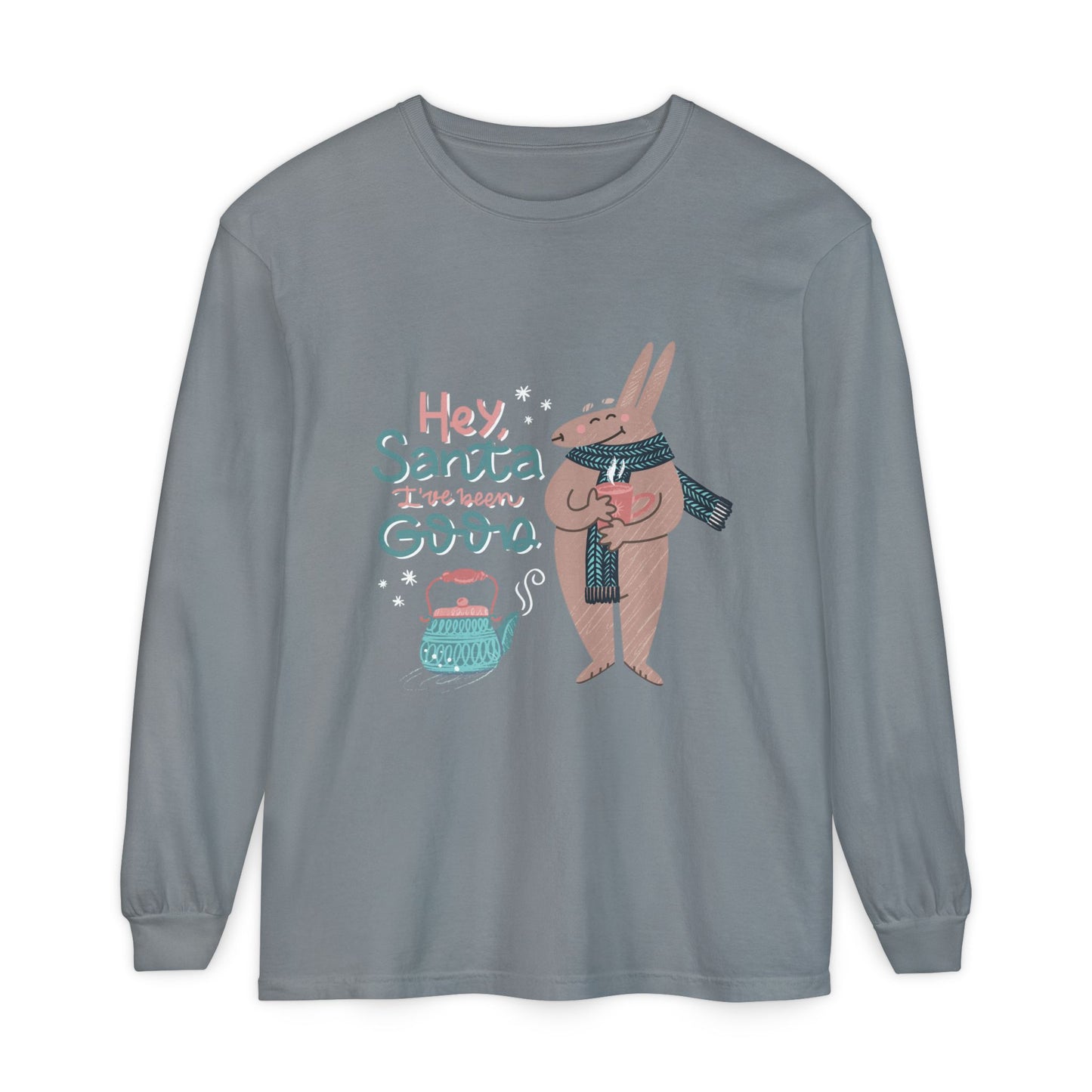 Hey Santa I’ve Been Good Long Sleeve T-Shirt — Cute Bunny Christmas Holiday Top