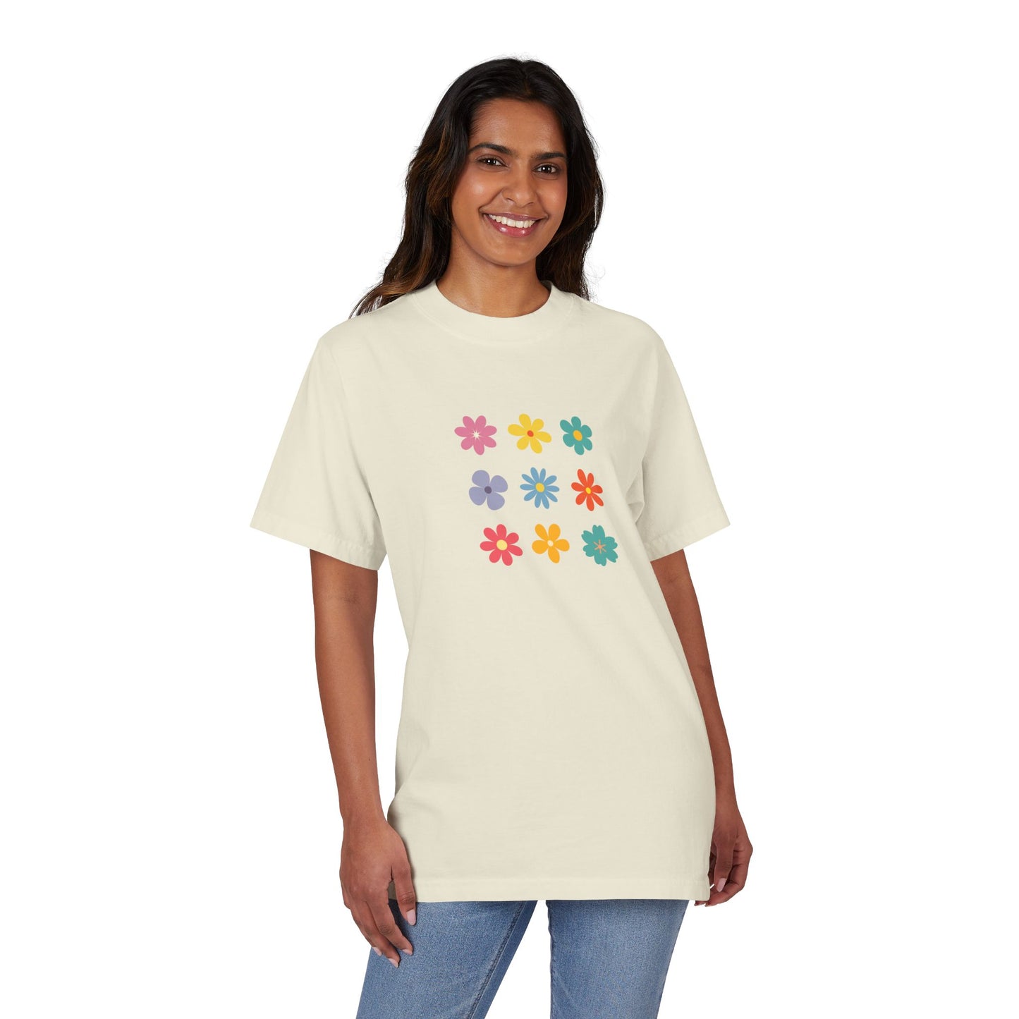 Floral Grid Tee — Colorful Retro Flowers Graphic T-Shirt