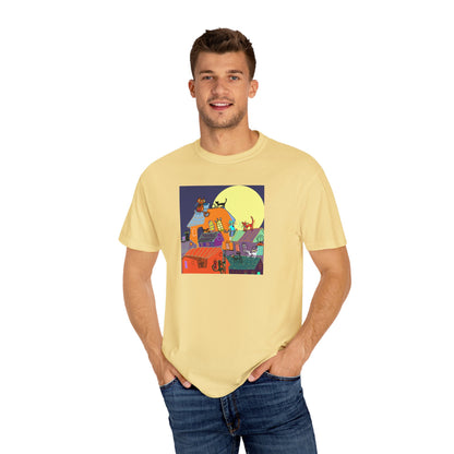 Moonlit Canine Adventure T-Shirt, Unisex Dog Lover Tee, Garment-Dyed Graphic Top, Pet-Themed Gift, Casual Wear
