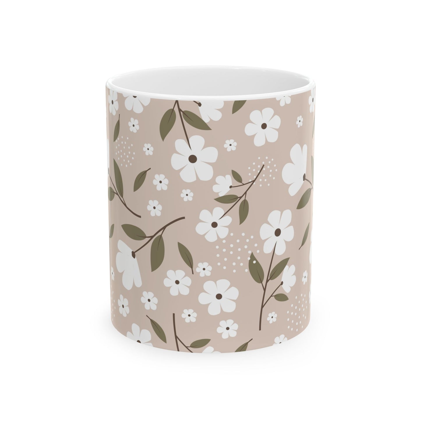 Floral Beige Ceramic Mug — White Blossom Pattern Coffee Cup (11oz & 15oz)