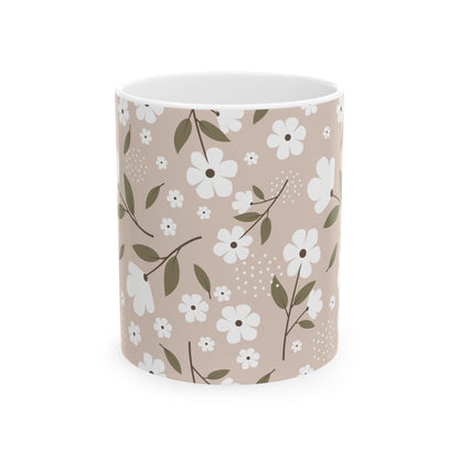 Floral Beige Ceramic Mug — White Blossom Pattern Coffee Cup (11oz & 15oz)