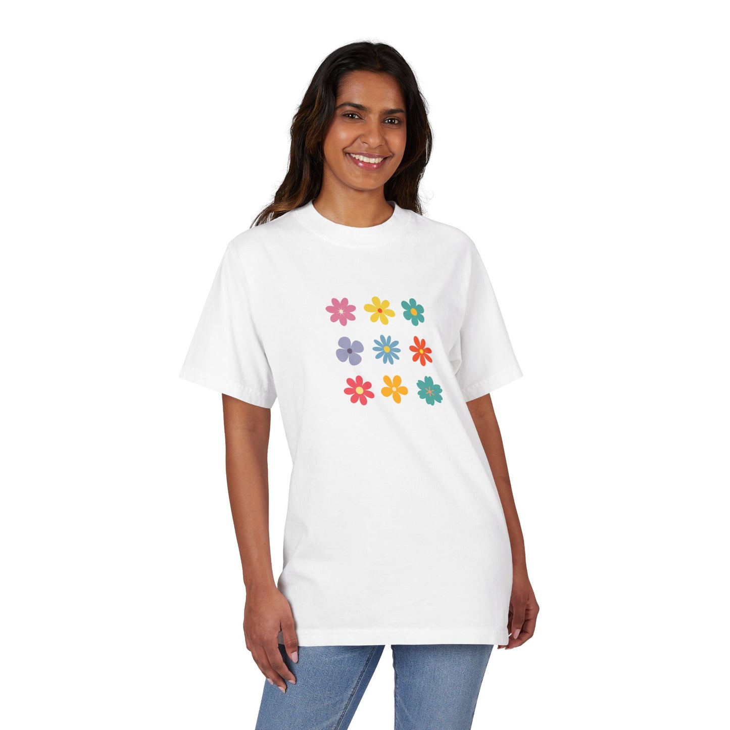 Floral Grid Tee — Colorful Retro Flowers Graphic T-Shirt