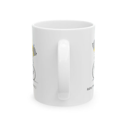 Whimsical Cat Riding a Bicycle Ceramic Mug - Perfect Gift for Cat Lovers, Coffee Lovers, Pet Owners, Birthdays, Holidays - MaisonThreadory