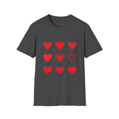 Heart Icons T-Shirt — Red Sketch & Filled Heart Graphic Tee for Valentine’s Day