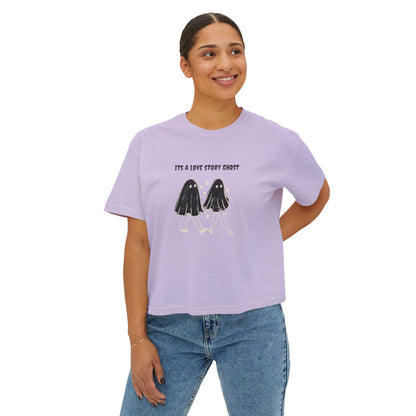 Cute Love Story Ghost Women's Boxy Tee, Fun Casual Top, Halloween Apparel, Gift for Ghost Lovers, Spooky Season Shirt, Relaxed Fit Tee - MaisonThreadory