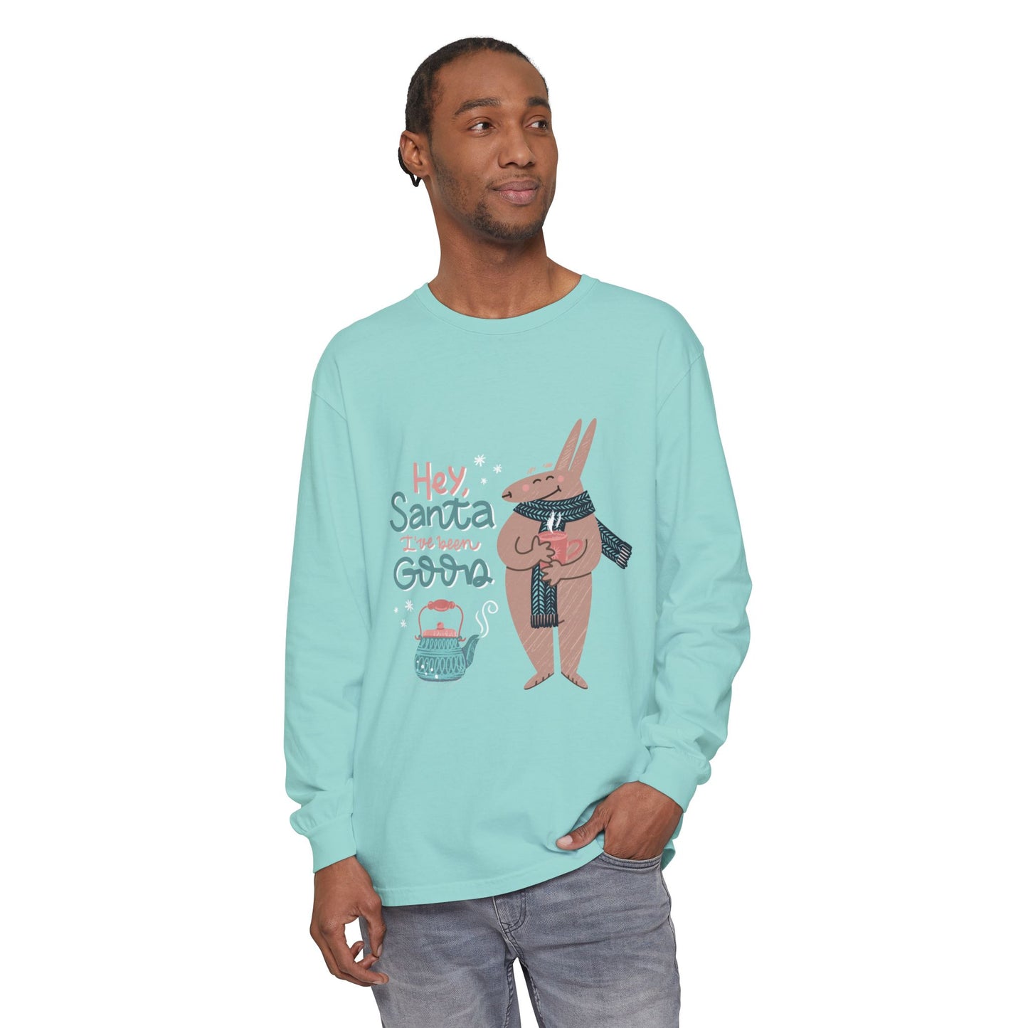 Hey Santa I’ve Been Good Long Sleeve T-Shirt — Cute Bunny Christmas Holiday Top