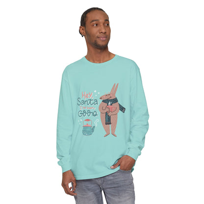 Hey Santa I’ve Been Good Long Sleeve T-Shirt — Cute Bunny Christmas Holiday Top