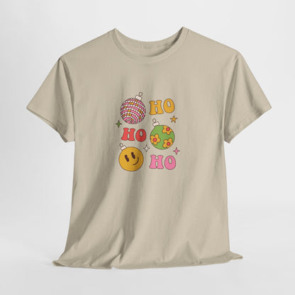 Holiday Ho Ho Ho Graphic Tee — Retro Ornaments & Smiley Face Christmas Shirt