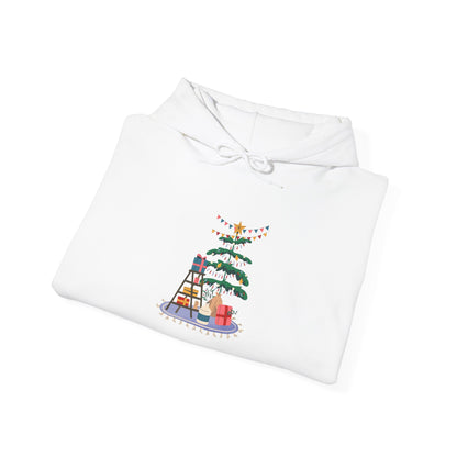 Christmas Tree Decorating Hoodie — Cozy Holiday Scene with Presents & String Lights