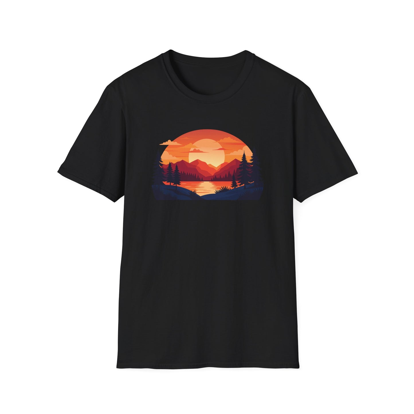 Sunset Mountain Lake T-Shirt — Retro Nature Graphic Tee for Outdoors Lovers