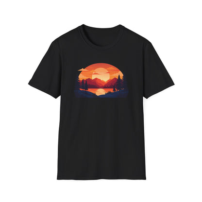 Sunset Mountain Lake T-Shirt — Retro Nature Graphic Tee for Outdoors Lovers