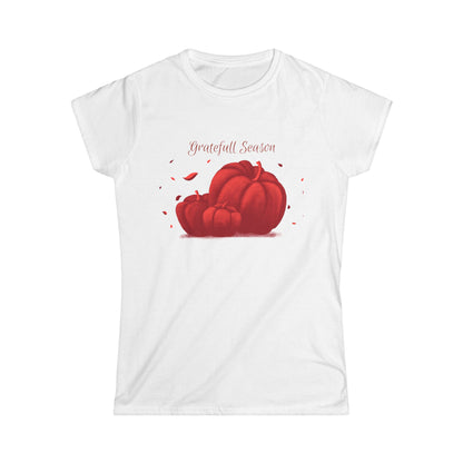 Thankful Season Women's Softstyle Tee, Fall T-Shirt, Thanksgiving Apparel, Pumpkin Graphic Tee, Autumn Outfit - MaisonThreadory