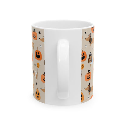 Halloween Dachshund Mug, Pumpkin Decor, Fall Coffee Cup, Dog Lover Gift, Holiday Kitchenware, Cute Dachshund Design