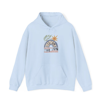 Retro Sunrise Hoodie — "Fire Comes From The Sun" Cozy Sun Graphic Sweatshirt