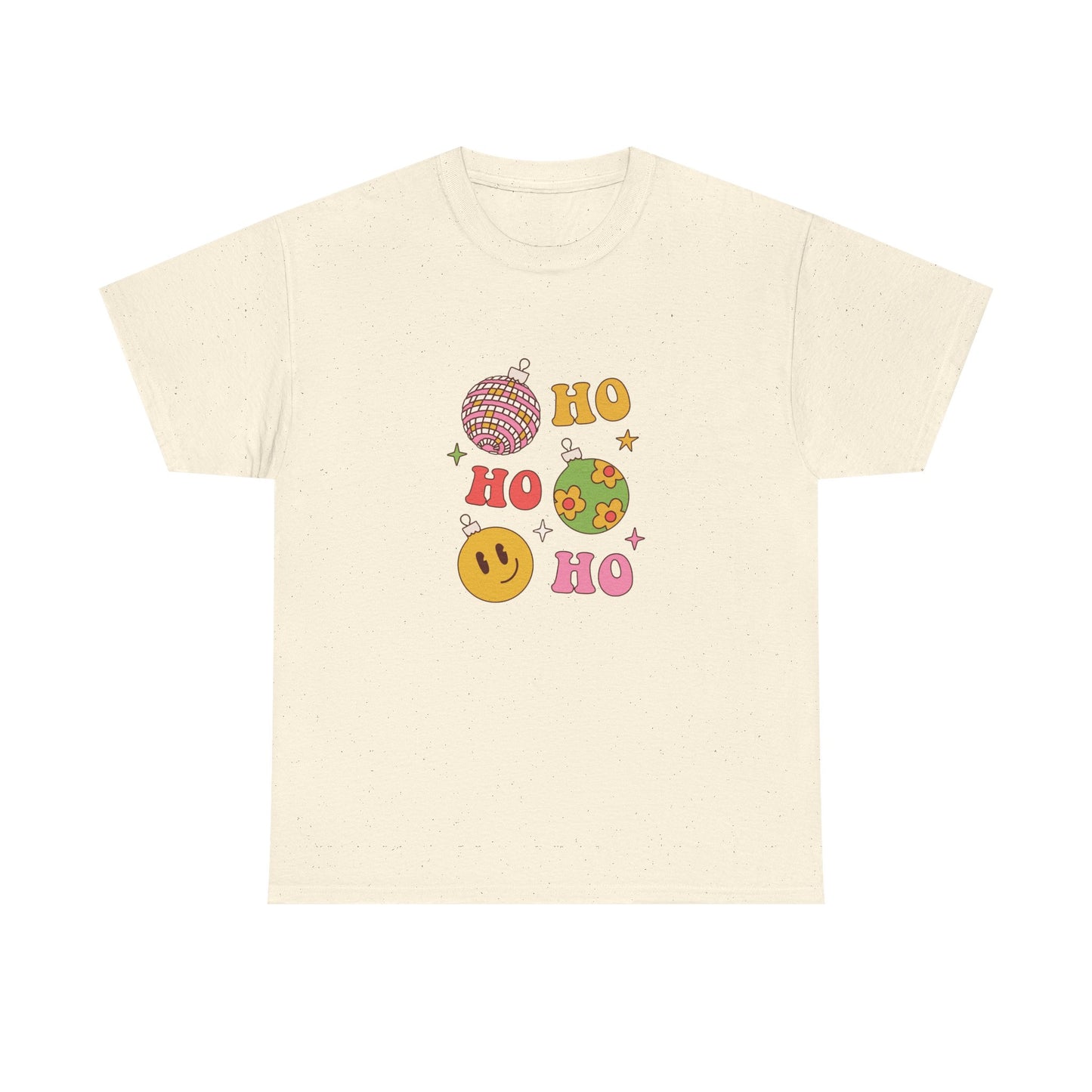 Holiday Ho Ho Ho Graphic Tee — Retro Ornaments & Smiley Face Christmas Shirt