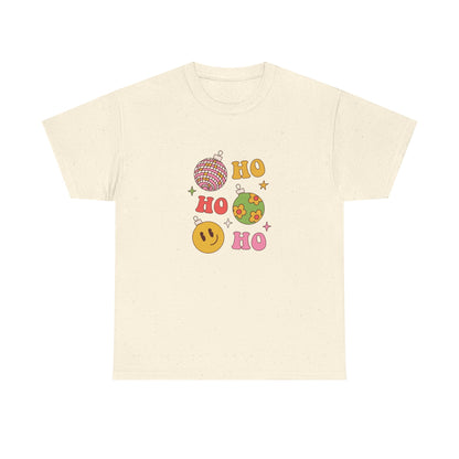 Holiday Ho Ho Ho Graphic Tee — Retro Ornaments & Smiley Face Christmas Shirt