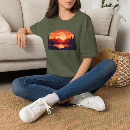 Sunset Mountain Lake T-Shirt — Retro Nature Graphic Tee for Outdoors Lovers