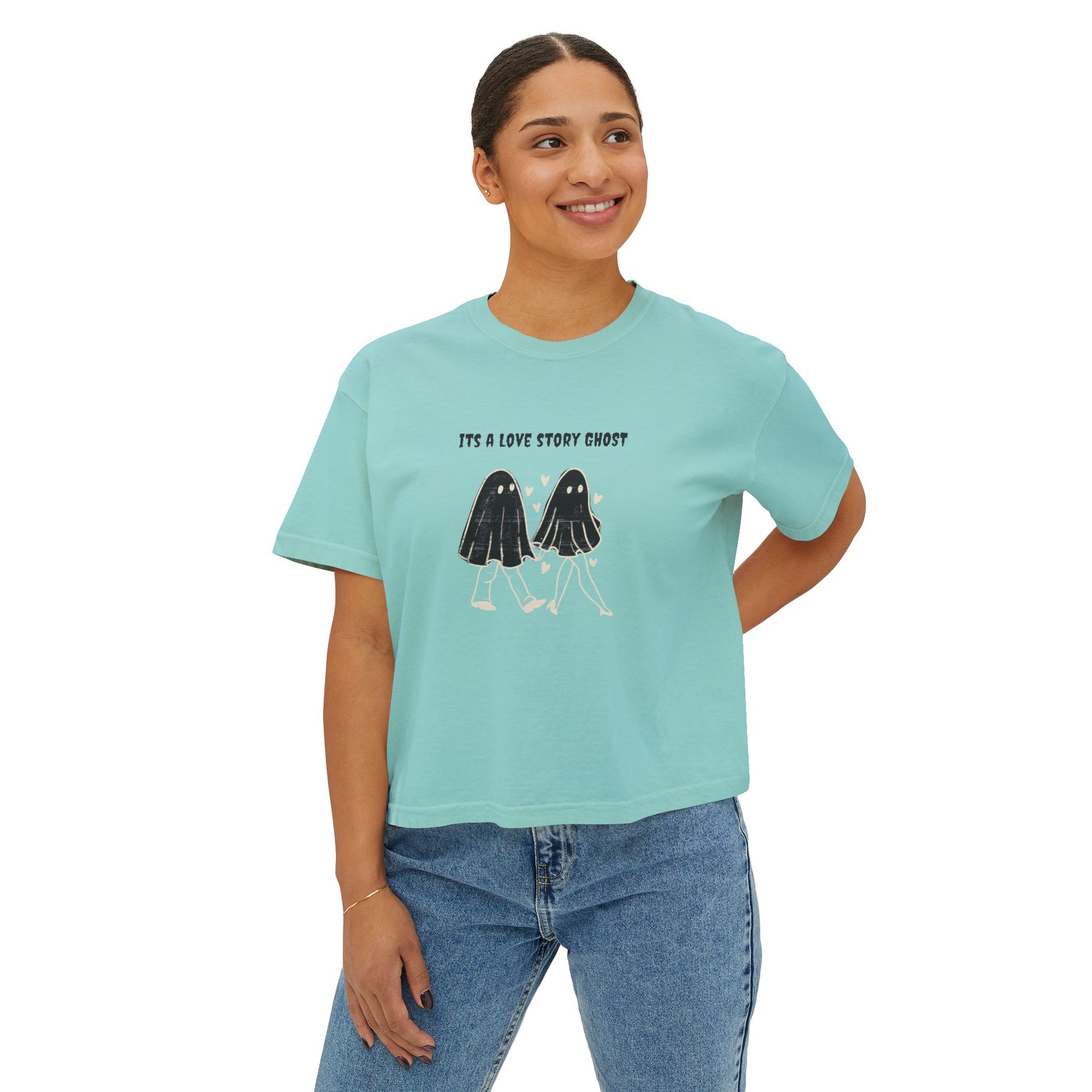 Cute Love Story Ghost Women's Boxy Tee, Fun Casual Top, Halloween Apparel, Gift for Ghost Lovers, Spooky Season Shirt, Relaxed Fit Tee - MaisonThreadory