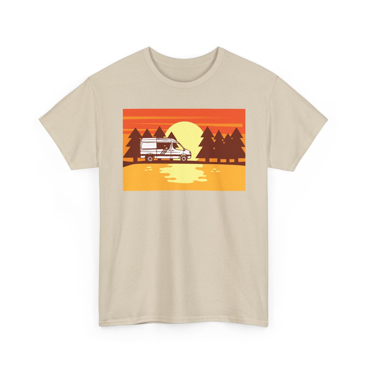 Retro Sunset Camper Unisex Heavy Cotton Tee, Vintage T-Shirt, Camping Apparel, Summer Shirt, Gift for Travel Lovers - MaisonThreadory