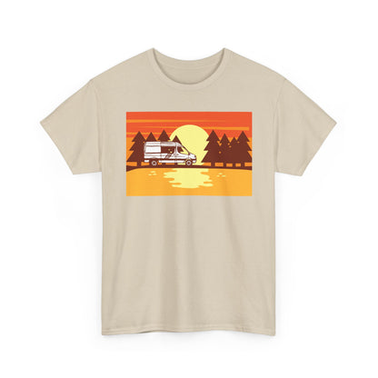 Retro Sunset Camper Unisex Heavy Cotton Tee, Vintage T-Shirt, Camping Apparel, Summer Shirt, Gift for Travel Lovers - MaisonThreadory