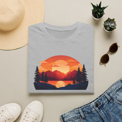 Sunset Mountain Lake T-Shirt — Retro Nature Graphic Tee for Outdoors Lovers
