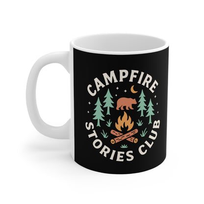 Campfire Stories Club Mug — Outdoor Camping Coffee Cup with Bear & Trees Design