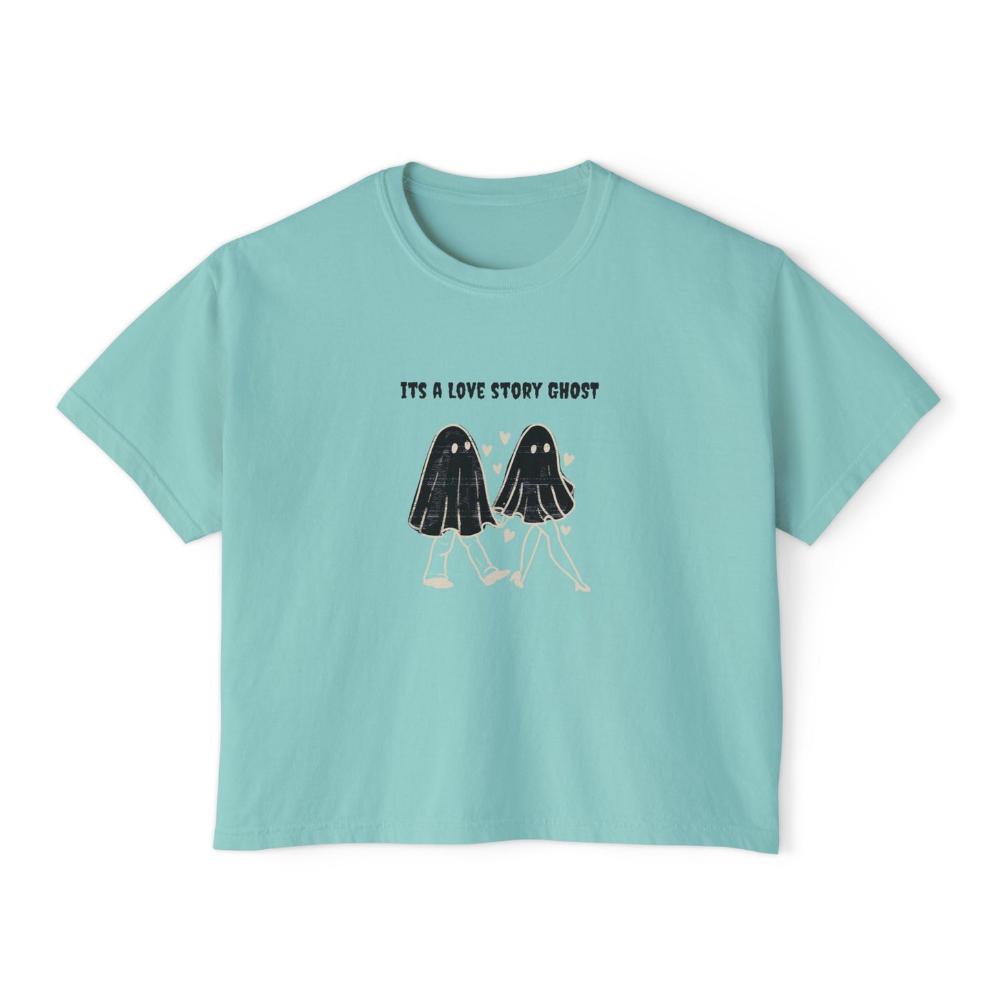 Cute Love Story Ghost Women's Boxy Tee, Fun Casual Top, Halloween Apparel, Gift for Ghost Lovers, Spooky Season Shirt, Relaxed Fit Tee - MaisonThreadory